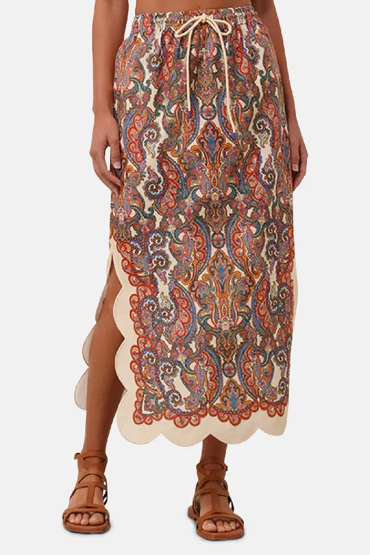 Ottie Scallop Midi Skirt Multi Paisley mini skirt trendy